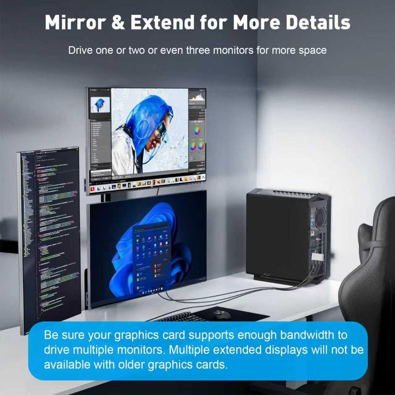 UANTIN محول من DisplayPort إلى HDMI لثلاث شاشات عرض موسع بدقة 4K@60Hz مع مدخل DP واحد وثلاثة مخارج HDMI، محور MST لشاشات متعددة متوافق مع بطاقات الرسوميات NVIDIA/AMD - Image 2