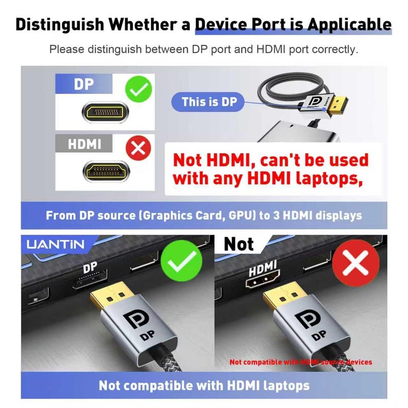 UANTIN محول من DisplayPort إلى HDMI لثلاث شاشات عرض موسع بدقة 4K@60Hz مع مدخل DP واحد وثلاثة مخارج HDMI، محور MST لشاشات متعددة متوافق مع بطاقات الرسوميات NVIDIA/AMD - Image 5