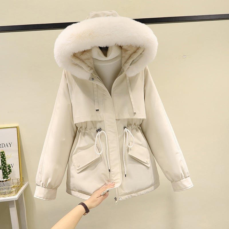 2023 Thickened Plush Womens Parka Coat Creamy-white