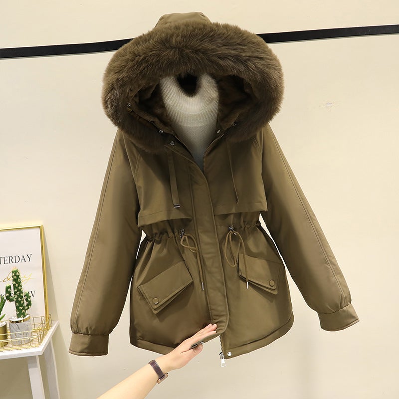 2023 Thickened Plush Womens Parka Coat Creamy-white