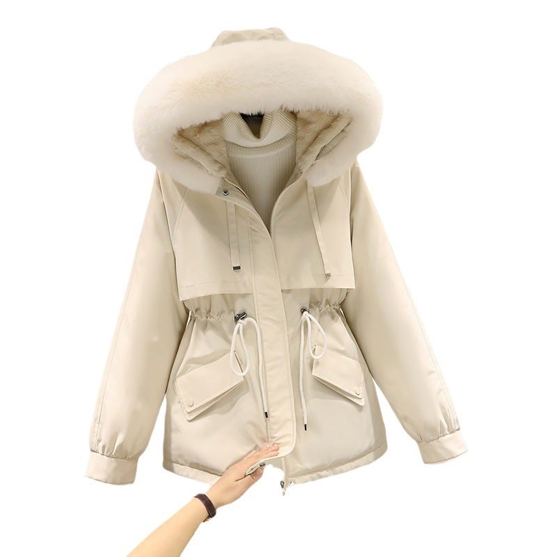 2023 Thickened Plush Womens Parka Coat Creamy-white