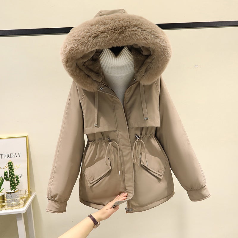 2023 Thickened Plush Womens Parka Coat Creamy-white