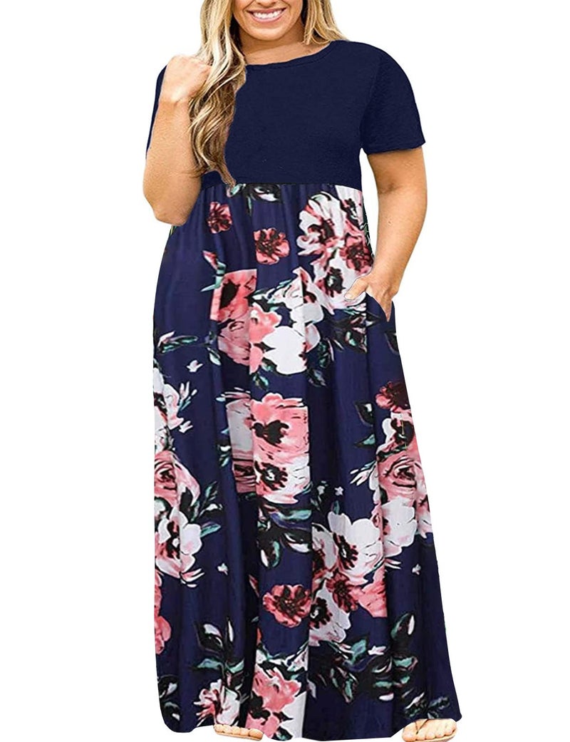 Halife Plus Size Beach Dress for Women with Pockets Loose Plain Boho Floral Maxi Dresses Navy Blue 2XL - Image 1