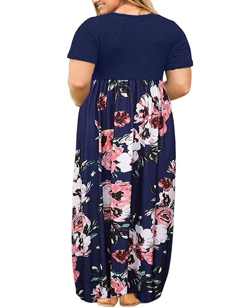 Halife Plus Size Beach Dress for Women with Pockets Loose Plain Boho Floral Maxi Dresses Navy Blue 2XL - Image 2