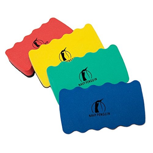 Navy Penguin Magnetic Whiteboard Eraser Set - 4 Color Pack - Erasers for Dry Erase Pens and Markers - Strong Magnet Sticks to Metal Dry Wipe White Boards - Cleaner for Home, School and Office - Image 1