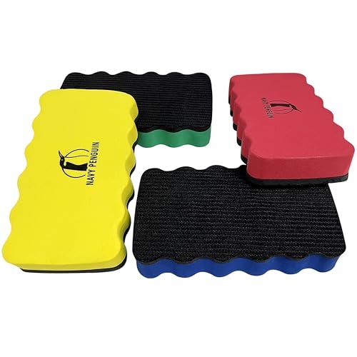 Navy Penguin Magnetic Whiteboard Eraser Set - 4 Color Pack - Erasers for Dry Erase Pens and Markers - Strong Magnet Sticks to Metal Dry Wipe White Boards - Cleaner for Home, School and Office - Image 5