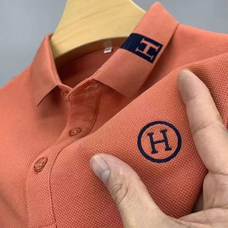 Ice Silk Short Sleeve Polo Shirt Embroidered Thin Summer Mens T-Shirt Breathable Cool Casual Fashion Upper Body Top Orange  - Image 1