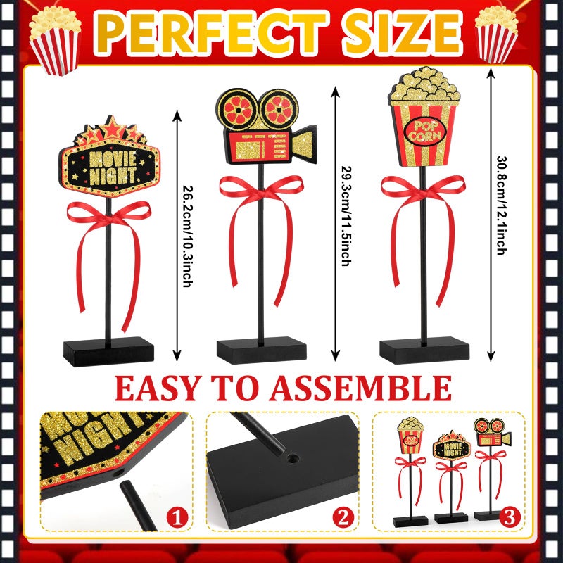 Sereliy 3 Pcs Movie Night Table Decorations Popcorn Projector Wooden Signs for Cinema Movie Time Birthday Party Decor (Shiny) - Image 2