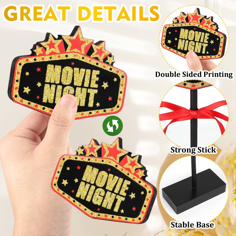 Sereliy 3 Pcs Movie Night Table Decorations Popcorn Projector Wooden Signs for Cinema Movie Time Birthday Party Decor (Shiny) - Image 4