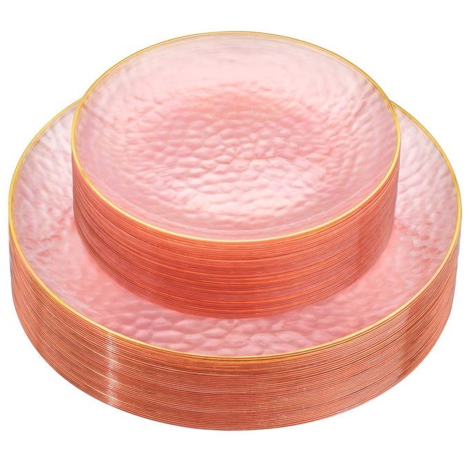 60PCS PINK PLASTIC PLATESCLEAR PINK PLATES WITH GOLD RIMHAMMERED GOLD PLATES INCLUDE 30PINK PLASTIC DESSERT PLATOS 30GOLD DINNER PLATOS FOR PARTY