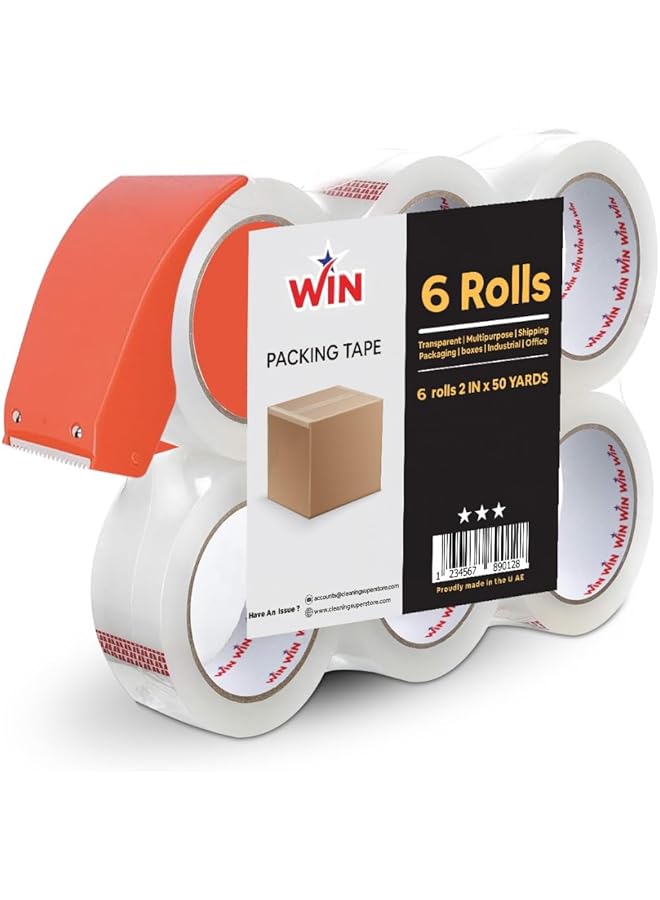 PROMASS Win Clear Packing Tape With Tape Dispenser | 2 inches x 50 yards Strong Heavy Duty Packaging Tape for Sealing Parcel Boxes, Moving Boxes Houses, Office Supplies [6 Rolls + 1 Dispenser]  - Image 1