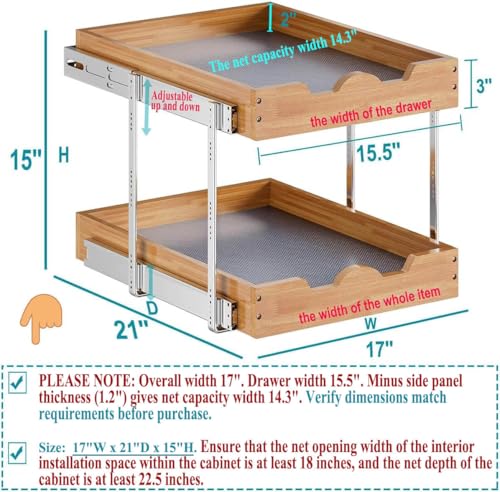 OCG 2 Tier Pull Out Cabinet Organizer (17"W x 21"D), Double Tier Slide out Wood Drawer Shelf, Pull Out Shelves for Base Cabinet Organization in Kitchen, Pantry, Bathroom - Image 2
