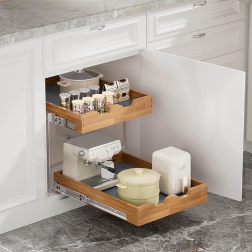 OCG 2 Tier Pull Out Cabinet Organizer (17"W x 21"D), Double Tier Slide out Wood Drawer Shelf, Pull Out Shelves for Base Cabinet Organization in Kitchen, Pantry, Bathroom - Image 5