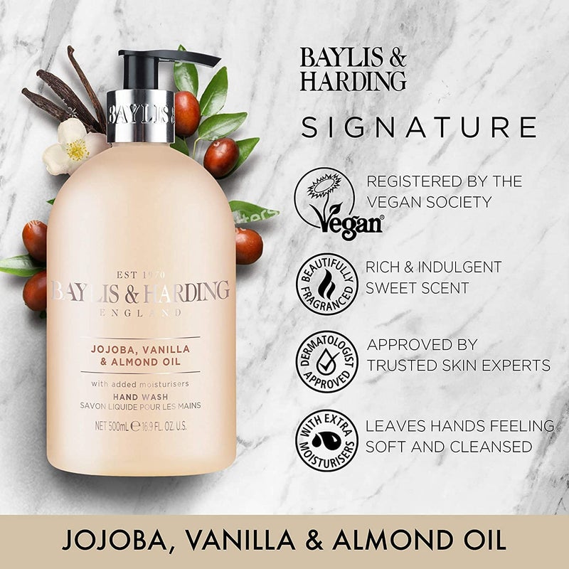 Baylis & Harding غسول يد فاخر من بايليس هاردينغ بزيت الجوجوبا والفانيليا واللوز مع مرطبات إضافية 500 مل خالي من البارابين - Image 2
