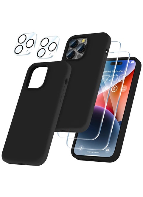 Liquid Silicone Case for 2022 iPhone 14 Pro Max 6.7 Inch with 2-Pack Screen Protector and 2-Pack Camera Lens Protector, Slim Full Coverage Screen Camera Case, Black