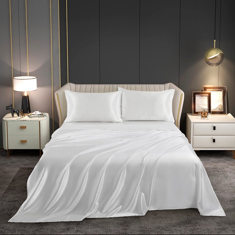 Counfeisly 3 Pieces Satin Sheets Set  Twin Size Luxury Silky Soft Satin Bed Sheets with 1 Deep Pocket Fitted Sheet  1 Flat Sheet  1 Pillowcase  White - Image 1