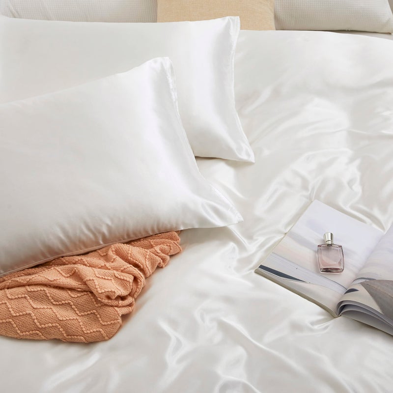 Counfeisly 3 Pieces Satin Sheets Set  Twin Size Luxury Silky Soft Satin Bed Sheets with 1 Deep Pocket Fitted Sheet  1 Flat Sheet  1 Pillowcase  White - Image 2
