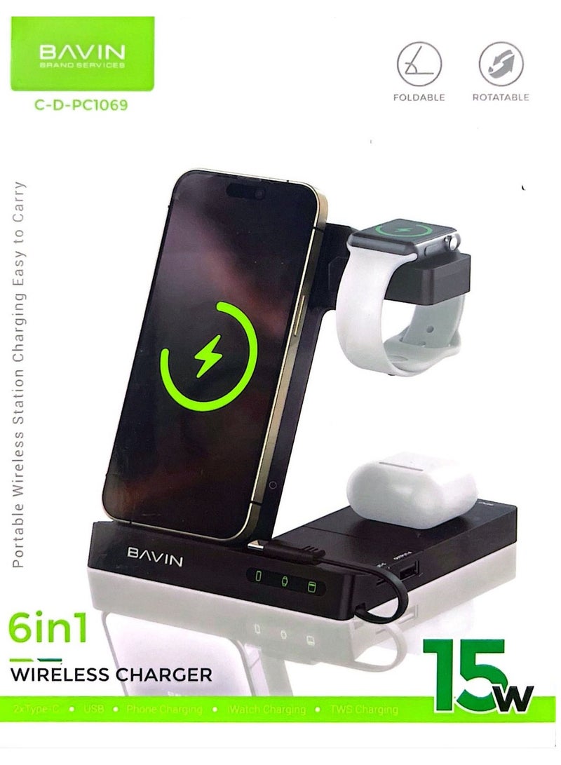 Bavin 6 in 1 Wireless Charging Station, Multi-Device Fast Stand for Samsung, iPhone 15 14 13 12 11 X XR XS Pro Max, for Apple Watch and AirPods 3 2 Pro - Image 1