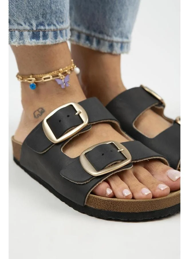 Manijero  Irene Vintage Women's Genuine Leather Double Buckle Black Gold Slippers - Black for Women | Best Price UAE
