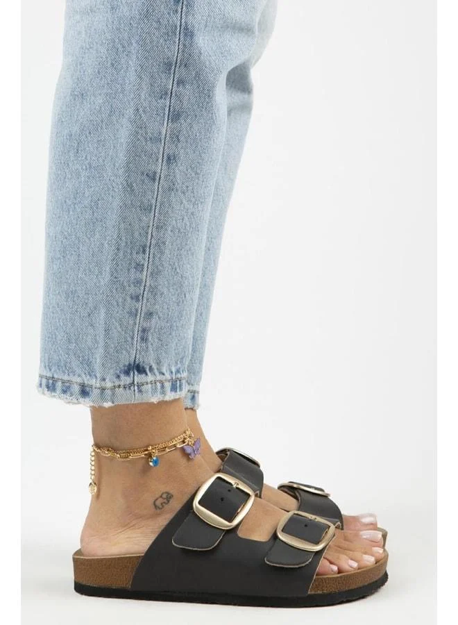 Manijero  Irene Vintage Women's Genuine Leather Double Buckle Black Gold Slippers - Black for Women | Best Price UAE