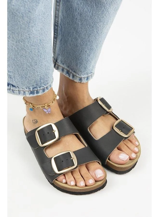 Irene Vintage Women's Genuine Leather Double Buckle Black Gold Slippers - Black