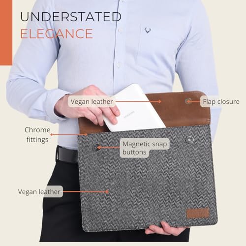 HAMELIN MacBook Sleeve for 13.3 Inch Laptops | Vegan Leather Cover Bag for Laptop,Notebook & Tablets | Waterproof Laptop Hand Bag for Men & Women | Stylish Case for Office,Travel | Grey Herringbone - Image 4