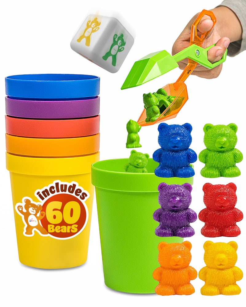 Skoolzy Counting Bears Set - 70 Pc Color Sorting Sensory Toys for Toddlers 3-4 - Montessori Toys for 3 Year Old - Autism Toys for Toddlers 3-4 - Color Sorting Toys for Toddlers Learning + Education - Image 1