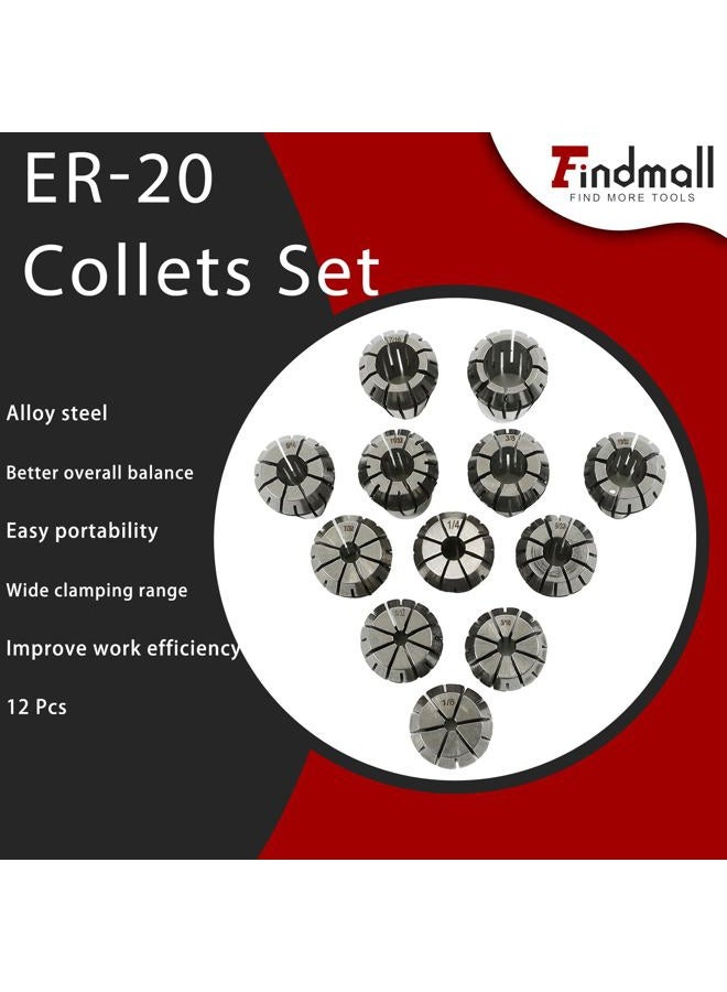 findmall 12 PCS New ER20 1/8"-1/2" Super Precision ER-20 Collets Set with 3/16 1/4 3/8 - Image 2