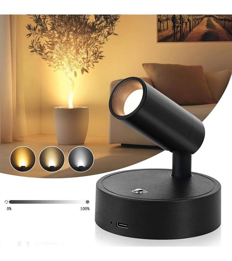 Indoor LED Spot Light Midnight Black Rechargeable Multi Functional Spotlight 3 Color Modes Adjustable Brightness 350 Rotation 90 Degree Tilt Angle For Night Use Plant Lighting Minimalist Instagram Style - Image 5