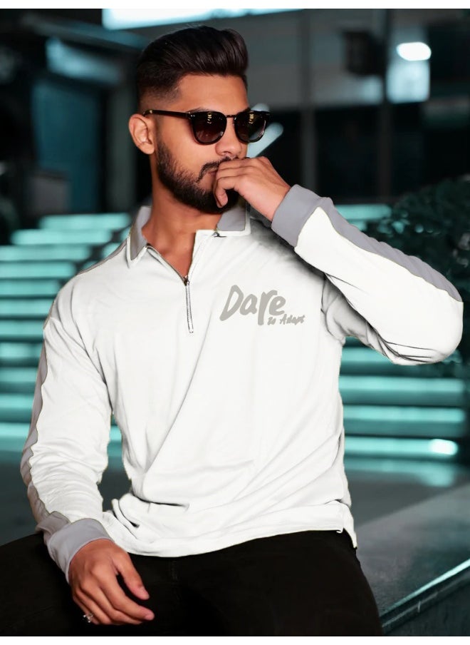 Maniac Maniac Men HalfZip Printed Polo Neck Full Sleeve White Oversized Fit Cotton T-Shirt  - Image 1