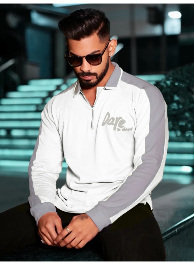 Maniac Maniac Men HalfZip Printed Polo Neck Full Sleeve White Oversized Fit Cotton T-Shirt  - Image 3