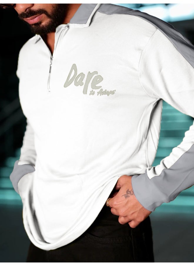 Maniac Maniac Men HalfZip Printed Polo Neck Full Sleeve White Oversized Fit Cotton T-Shirt  - Image 4