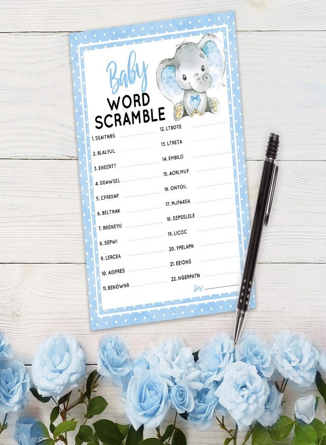 Pink Pixie Studio 30 Boy Elephant Baby Word Scramble Baby Shower Game and Activity Easy to Play- Gender Reveal New Parent Women Men or Kids- 5x7" Blue (30 Guests) - Image 3