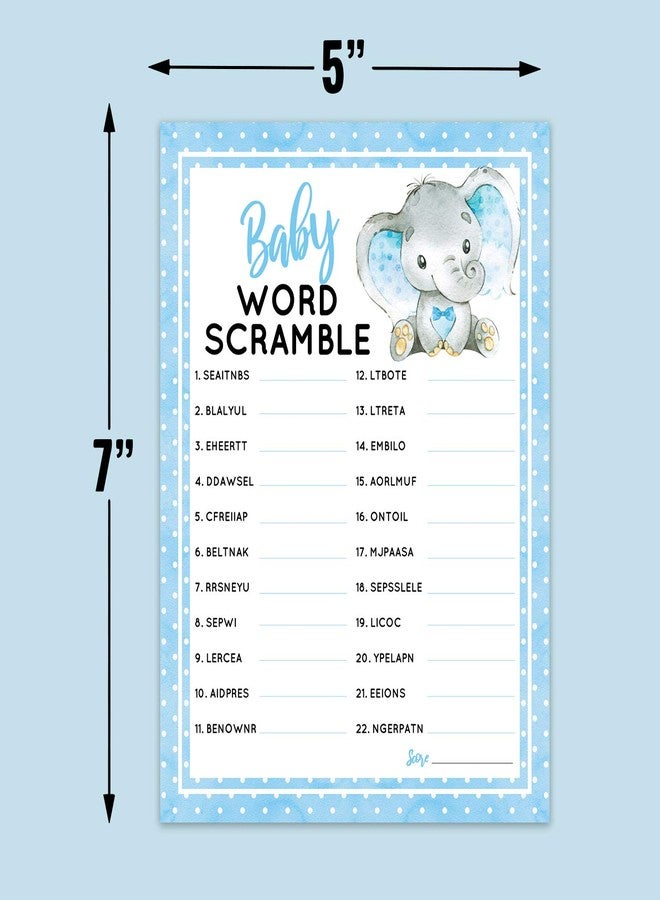 Pink Pixie Studio 30 Boy Elephant Baby Word Scramble Baby Shower Game and Activity Easy to Play- Gender Reveal New Parent Women Men or Kids- 5x7" Blue (30 Guests) - Image 4