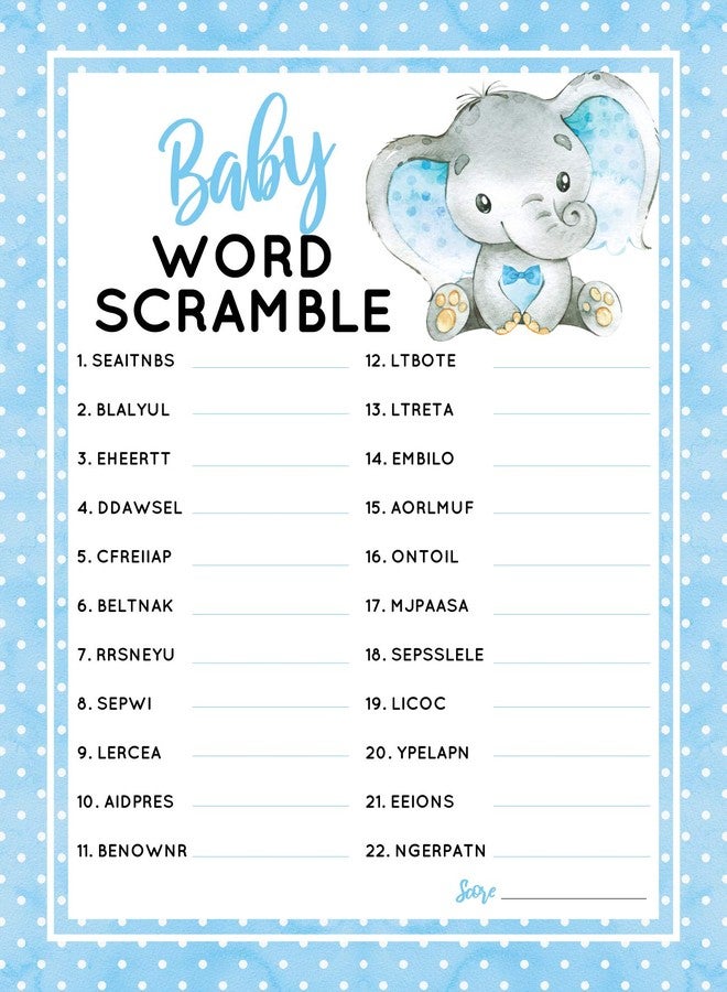 Pink Pixie Studio 30 Boy Elephant Baby Word Scramble Baby Shower Game and Activity Easy to Play- Gender Reveal New Parent Women Men or Kids- 5x7" Blue (30 Guests) - Image 2