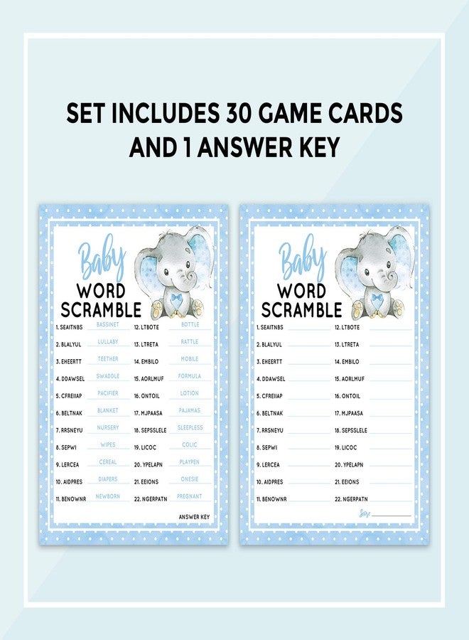 Pink Pixie Studio 30 Boy Elephant Baby Word Scramble Baby Shower Game and Activity Easy to Play- Gender Reveal New Parent Women Men or Kids- 5x7" Blue (30 Guests) - Image 5