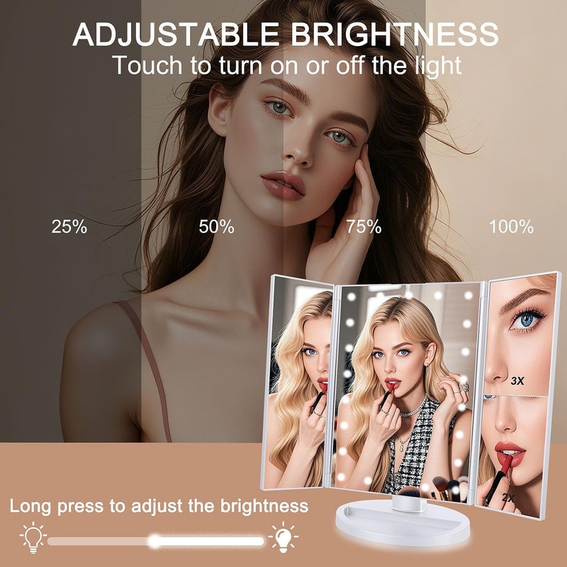 deweisn Tri-Fold Lighted Vanity Mirror with 21 LED Lights, Touch Screen and 3X/2X/1X Magnification, Two Power Supply Modes Make Up Mirror,Travel Mirror - Image 3