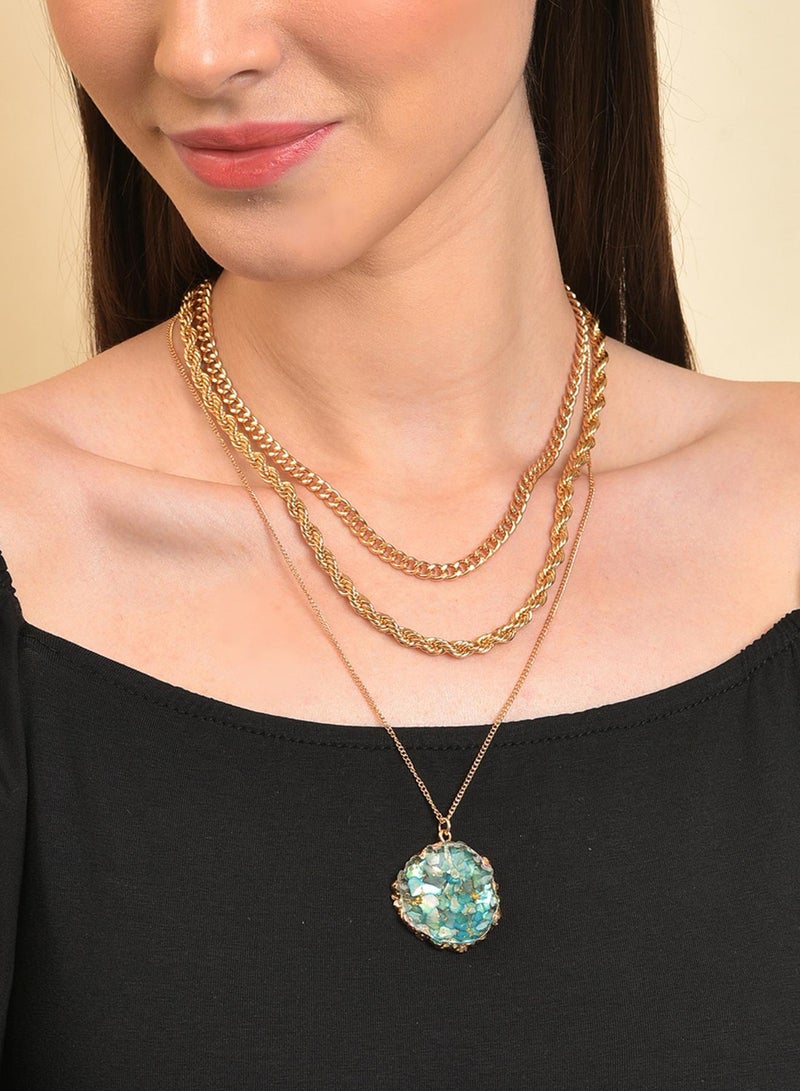 SOHI Green Stones Pendant With 3 Artificial Chain Necklace Jewellery - Image 2