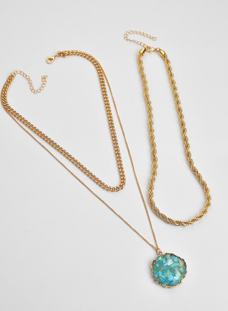 SOHI Green Stones Pendant With 3 Artificial Chain Necklace Jewellery - Image 1