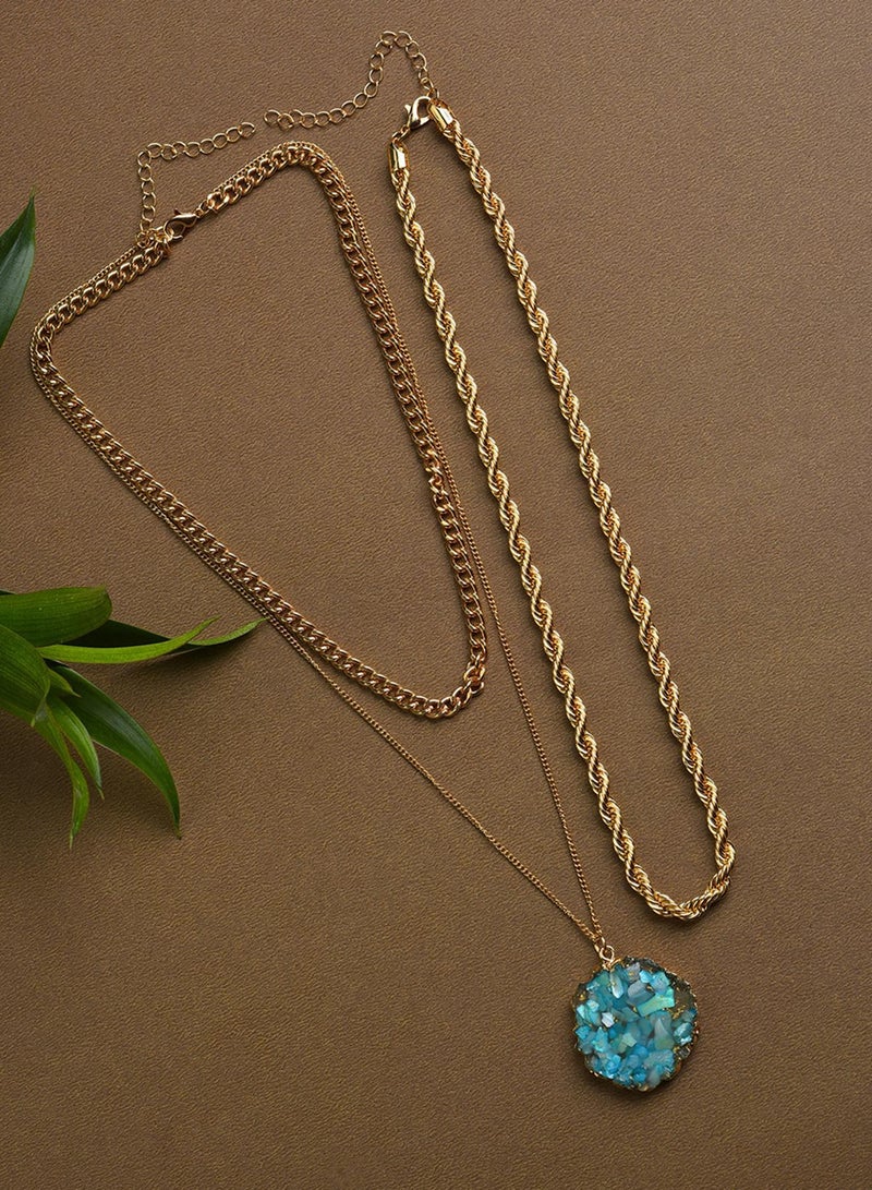 SOHI Green Stones Pendant With 3 Artificial Chain Necklace Jewellery - Image 3
