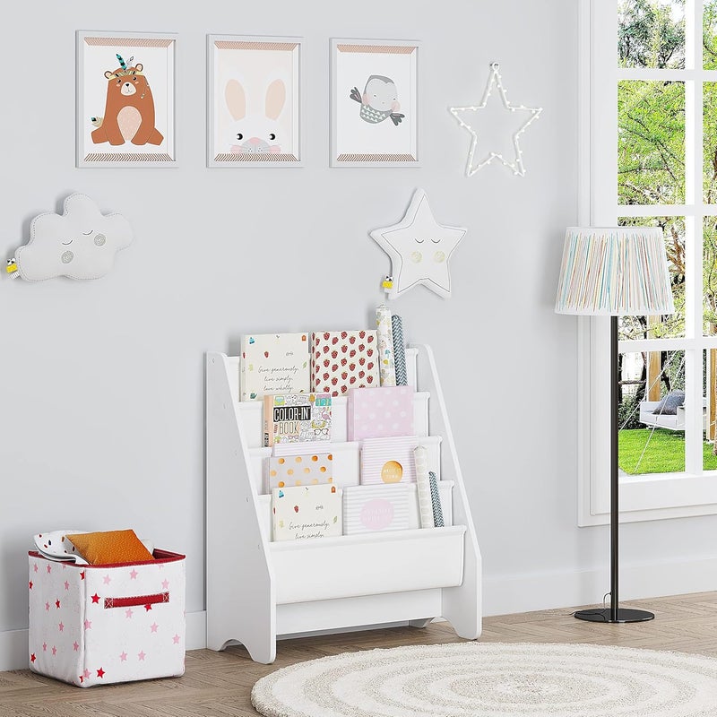 U-tex Kids Bookshelf Storage, Book Shelf for Kids Rooms, 4 Tier Sling Bookshelf for Kids, Toddler, Magazine Book Rack, Children Book Organizer, White - Image 5