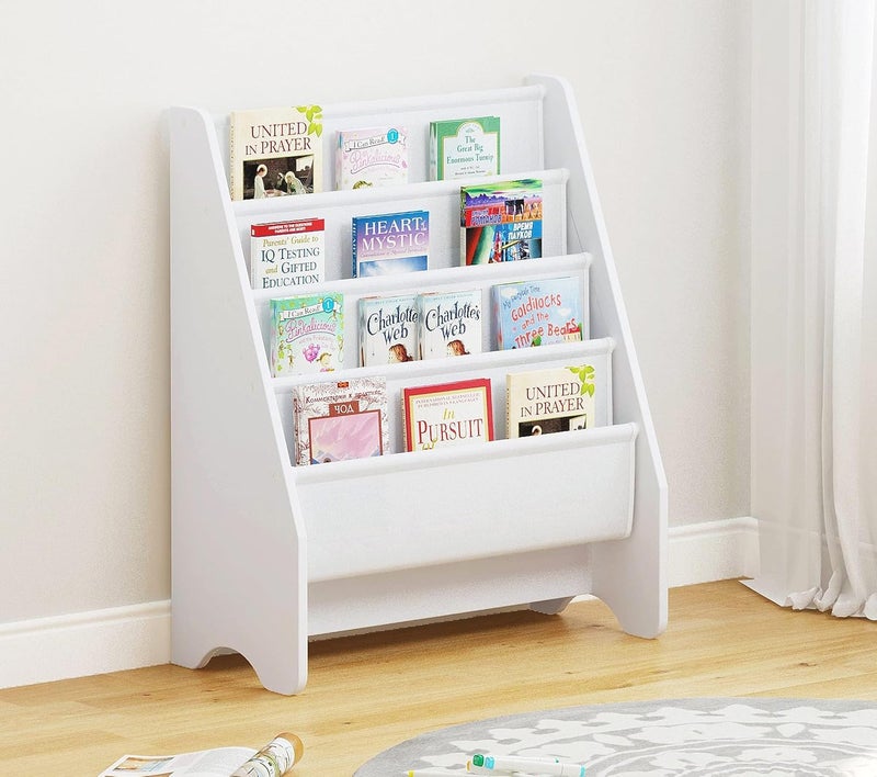 U-tex Kids Bookshelf Storage, Book Shelf for Kids Rooms, 4 Tier Sling Bookshelf for Kids, Toddler, Magazine Book Rack, Children Book Organizer, White - Image 1