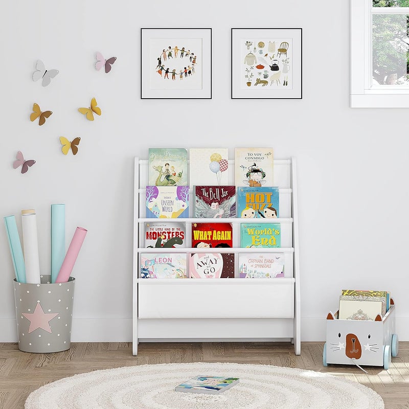 U-tex Kids Bookshelf Storage, Book Shelf for Kids Rooms, 4 Tier Sling Bookshelf for Kids, Toddler, Magazine Book Rack, Children Book Organizer, White - Image 4