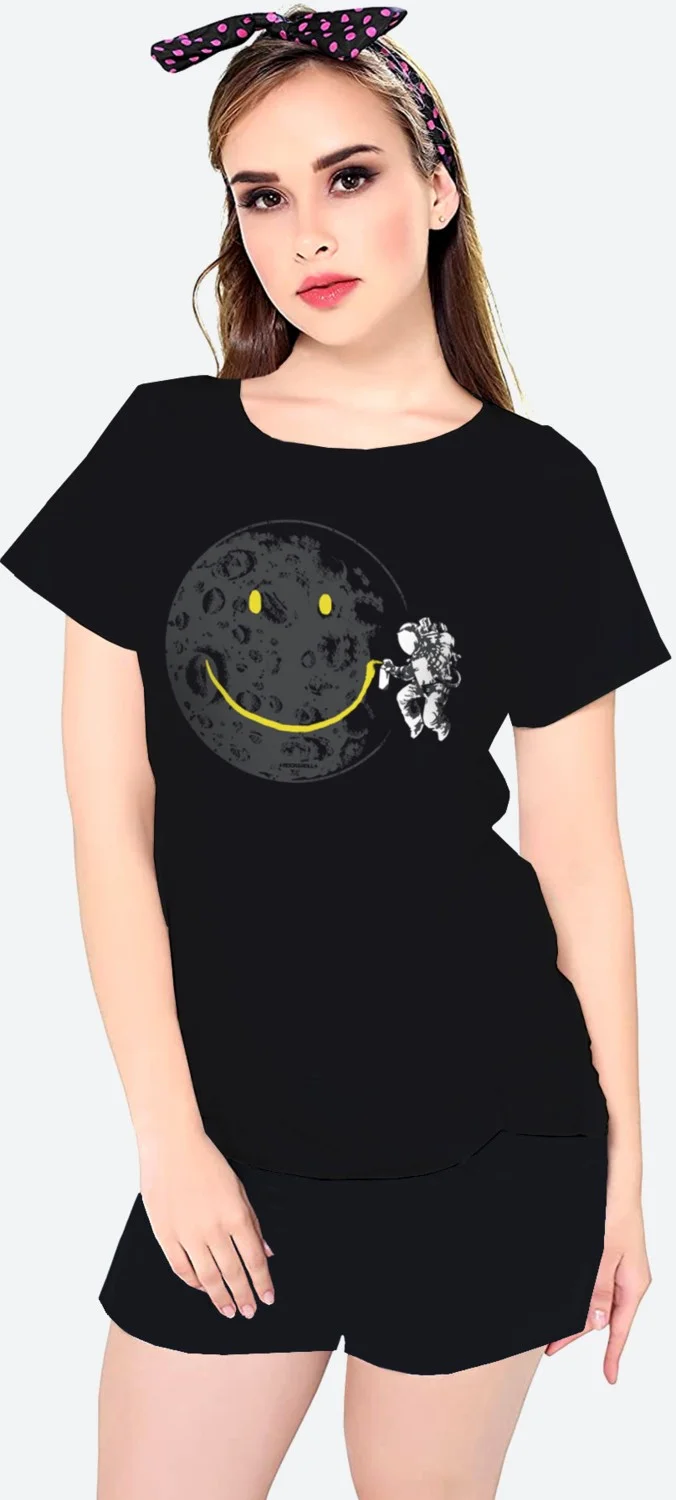 Rock&Roll Graffiti Astronaut Black Short Sleeve Women's Shorts Set