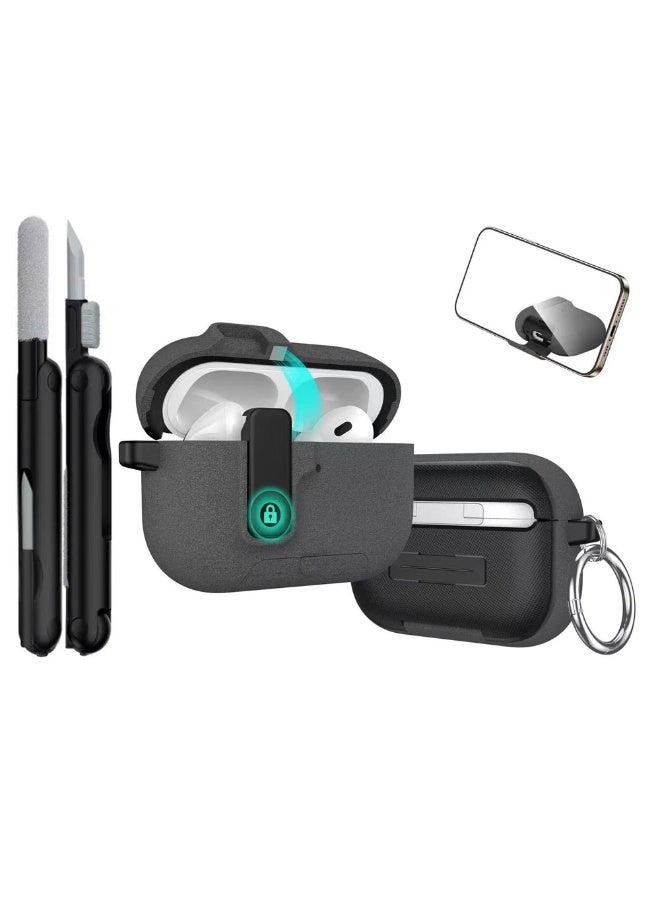 AJKMEN for AirPods Pro 3, comes with a cleaning tool and carabiner, features a magnetic clasp design with anti-drop lock. Supports wireless charging. Black.