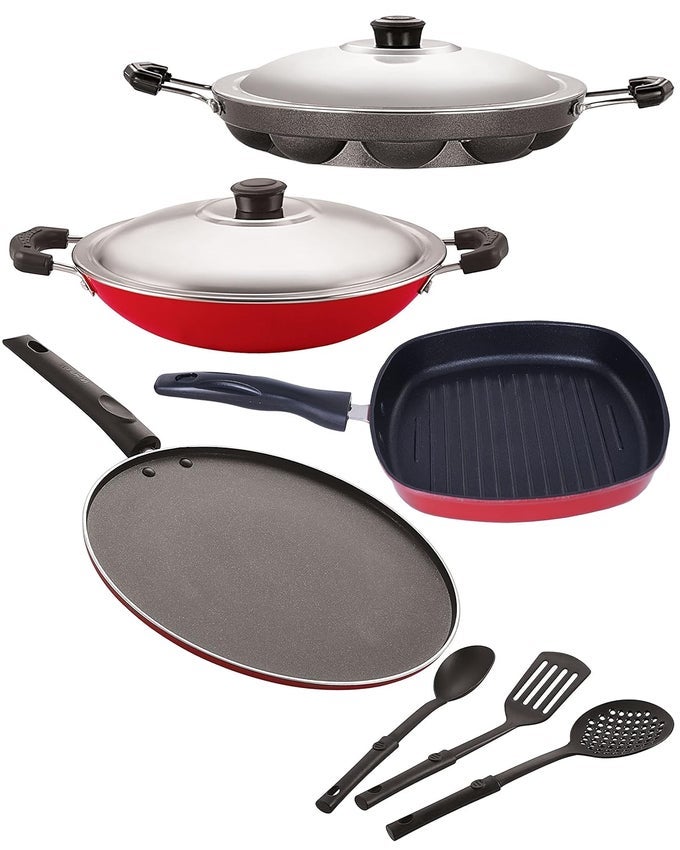 NONSTICK COATED ALUMINIUM 7 PCS SET OF APPAM-12 CAVITY,APPACHATTI-22.5CM,GRILL PAN-22.5CM,SMART TAWA-29CM & 3 SPOON (2.6MM_AP(12)_AC_GP(22.5)_ST12_3SPN)