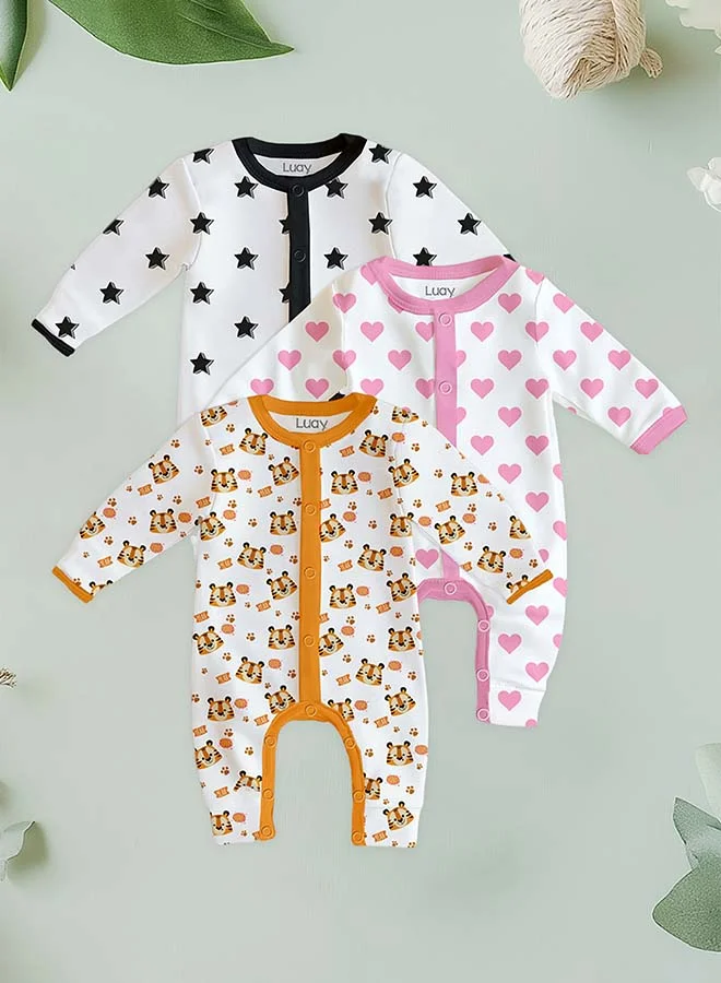 لؤي 100% Cotton Full Sleeves Baby Printed Romper,Sleepsuit for Baby Girls & Boys,_(Pack of 3) 6-9 M