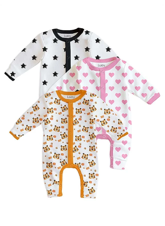 لؤي 100% Cotton Full Sleeves Baby Printed Romper,Sleepsuit for Baby Girls & Boys,_(Pack of 3) 6-9 M
