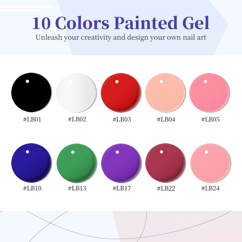 JODSONE Nail Art Gel Liner Set 10 Colors White Red Black White Gel Nail Polish Need U V Lamp Cured with Thin Brush,Valentines Gifts for Women - Image 2