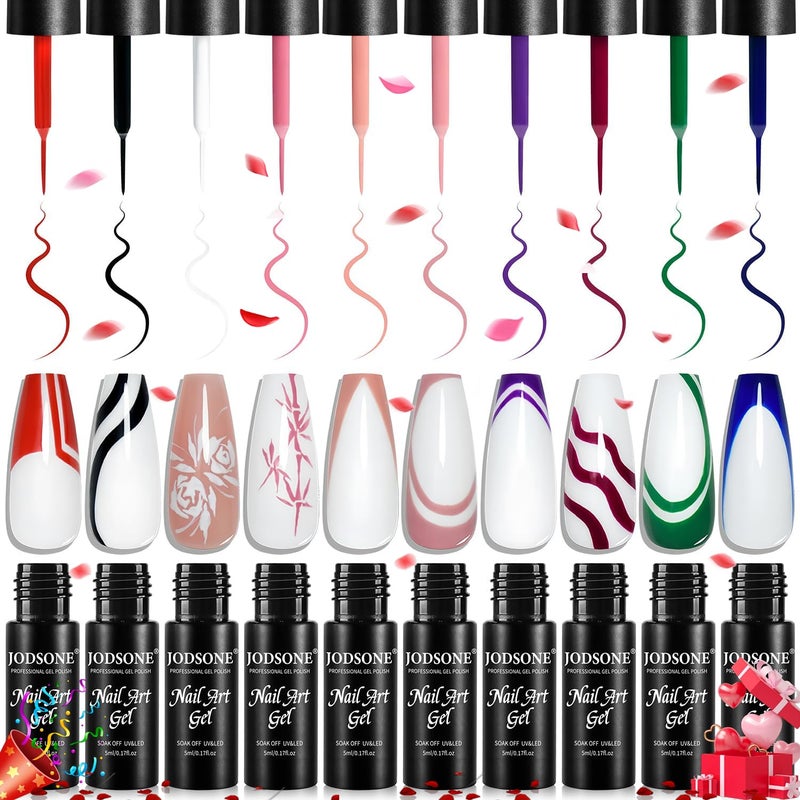 JODSONE Nail Art Gel Liner Set 10 Colors White Red Black White Gel Nail Polish Need U V Lamp Cured with Thin Brush,Valentines Gifts for Women - Image 1